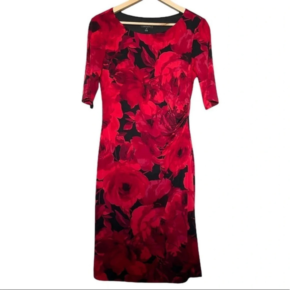 Connected Apparel Black  and Red Rose Floral Short Sleeve Dress Sz 6 - Picture 1 of 16